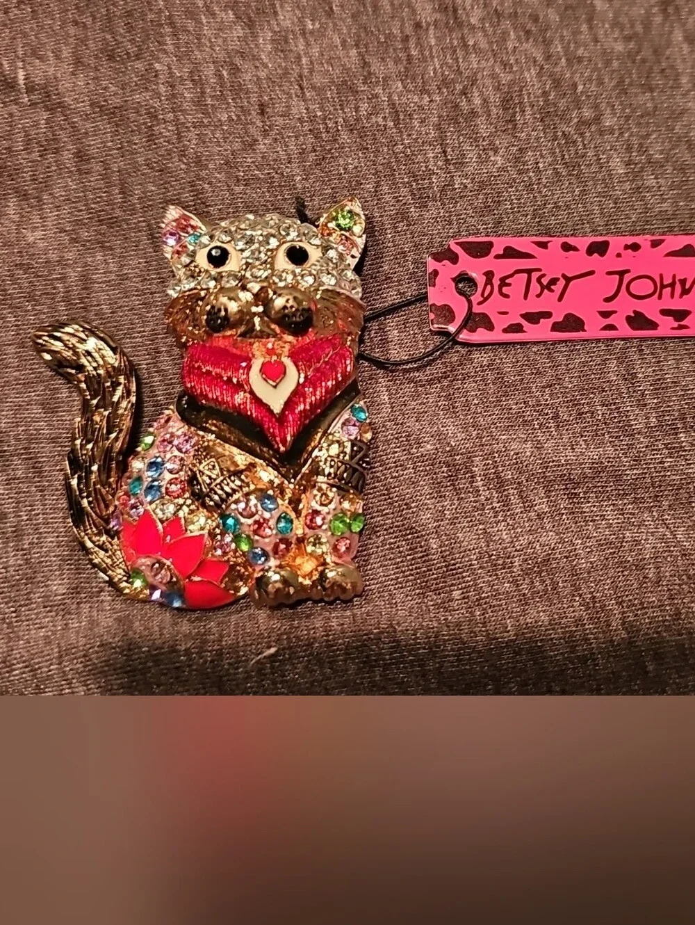 Betsey Johnson Gold Tone Jeweled Cat Brooch with Pink Tag